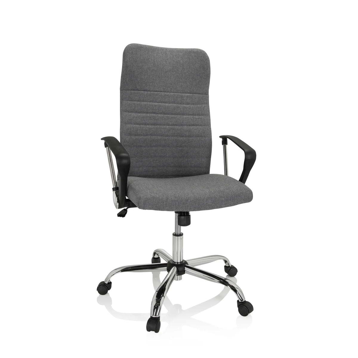Grey Home Office Chair ARTON 40 with armrests and glossy five-caster base by hjh OFFICE – 360-degree view (front view 20°)