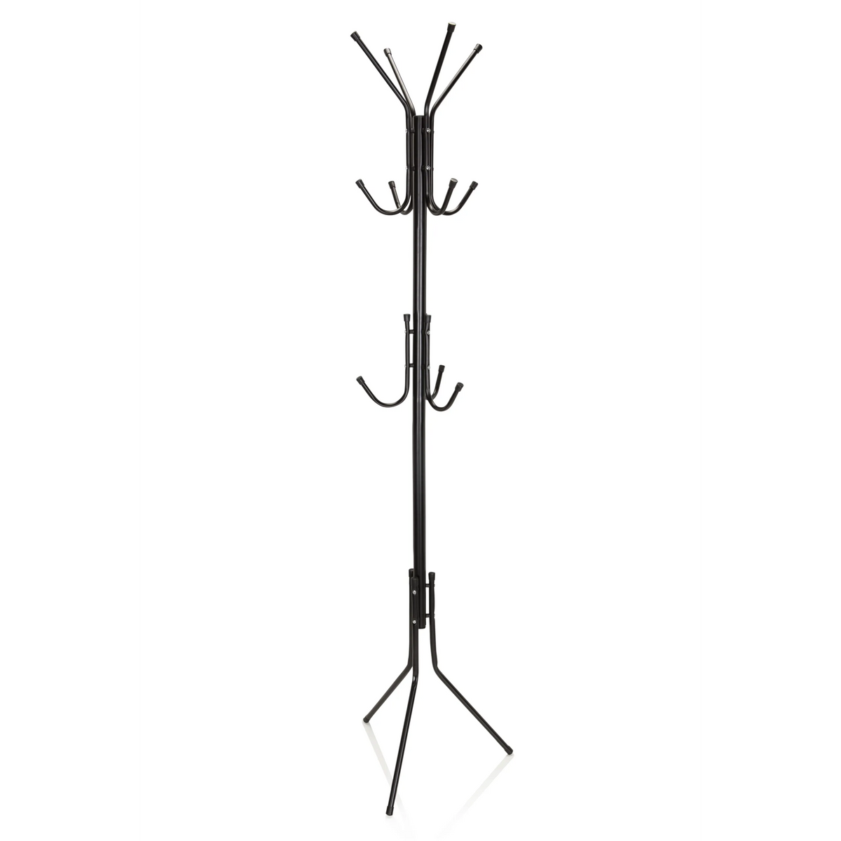 Black Coat Stand SPACE IV with multiple hooks and a tripod base by hjh OFFICE – 360-degree view (front three-quarter view 40°)