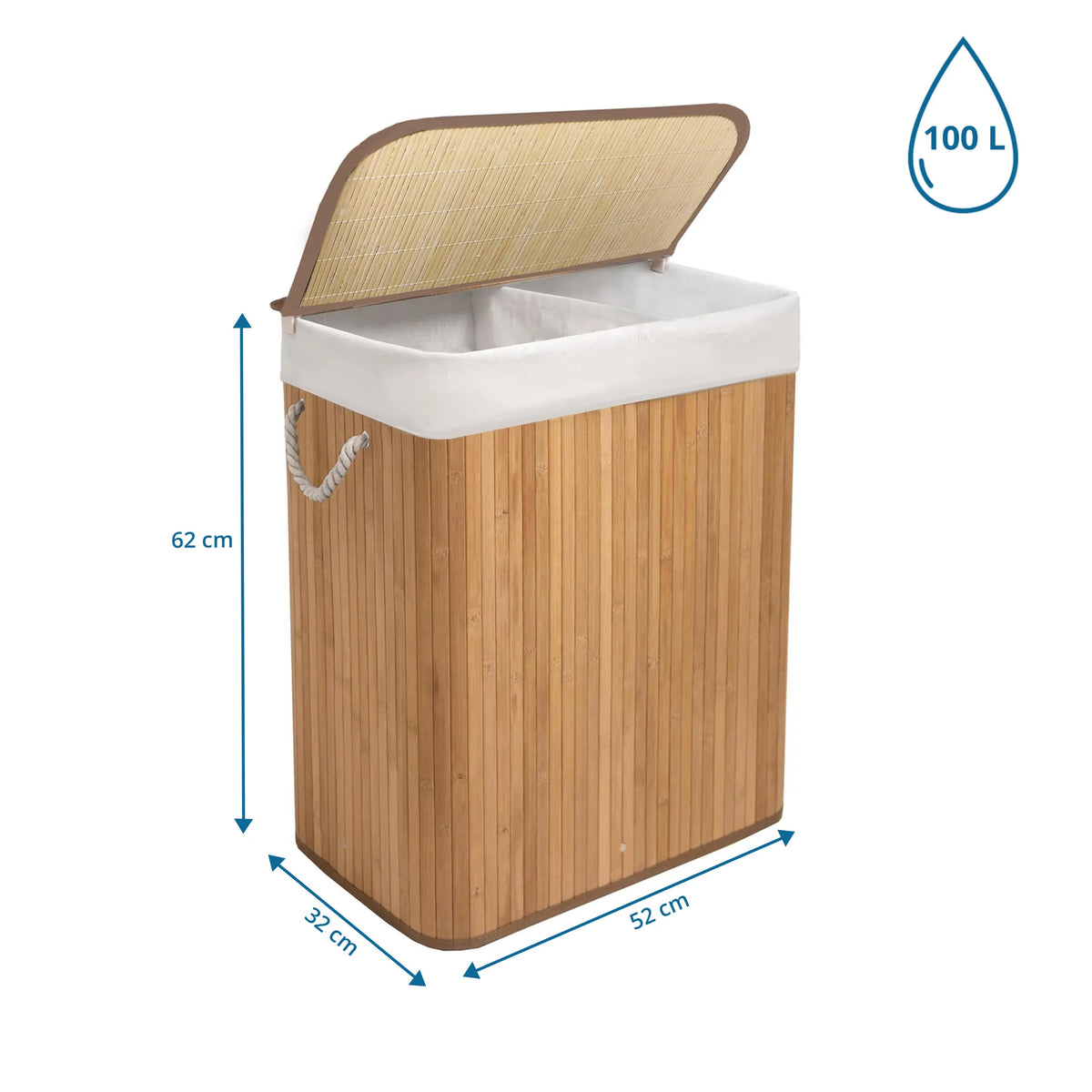 Dimensional drawing of the Laundry basket FALSTER XL B with 62 x 52 x 32 cm and 100 L capacity by hjh LIVING