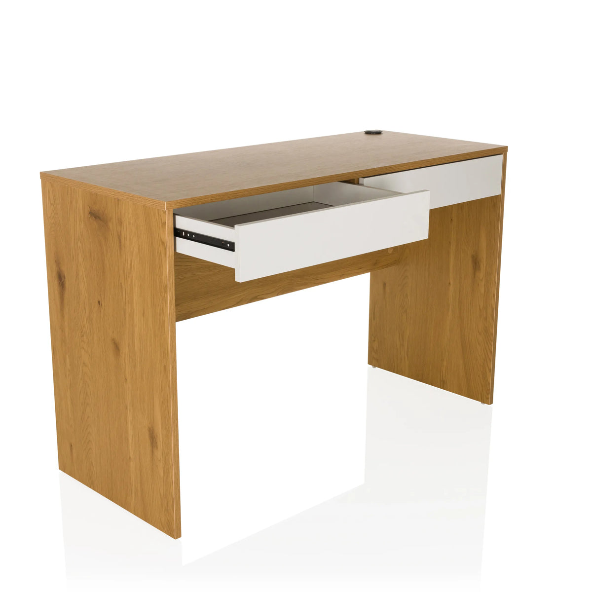 Pulled-out white drawer of the BERGA office desk in oak and white by hjh LIVING