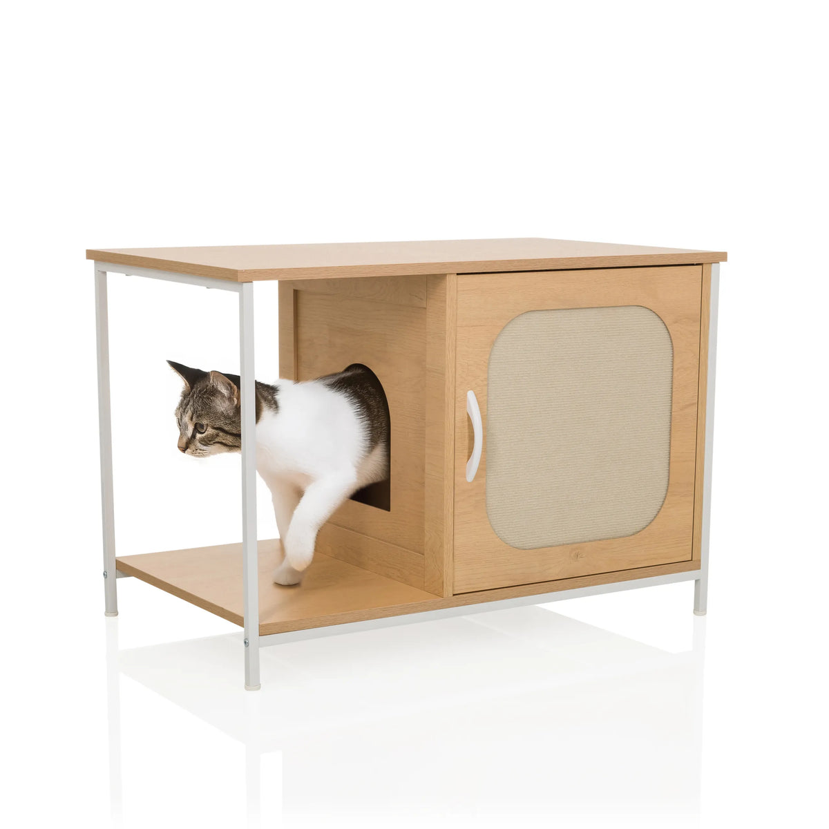 Cat house KITTYHOME 1 in beech and white with a round entrance and a door with a handle by hjh LIVING