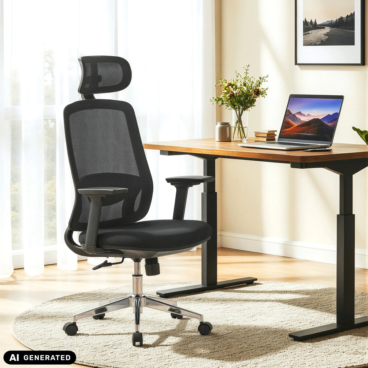 Black Professional Office Chair Ergosento with headrest at a desk by hjh OFFICE (AI-generated image)