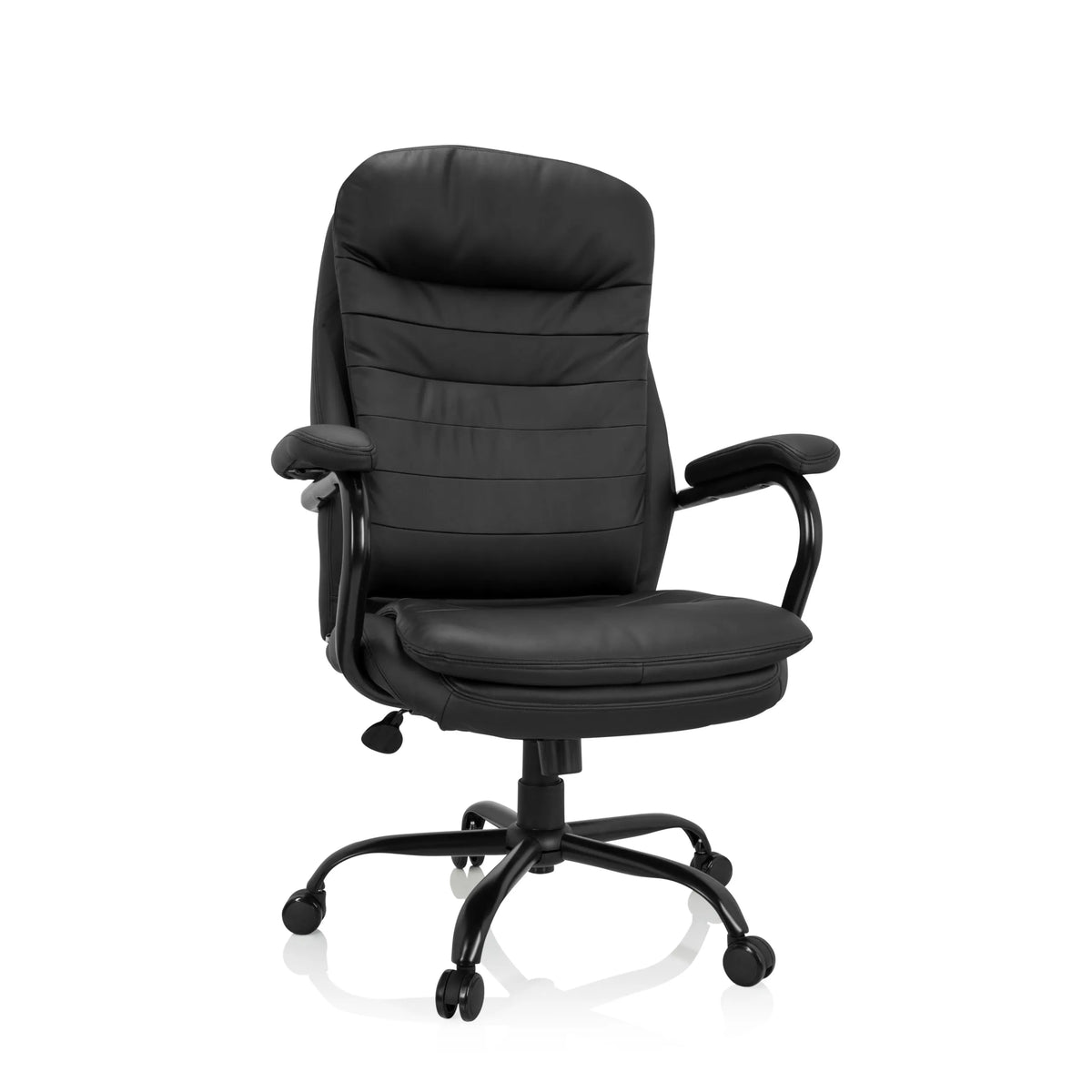 Black Swivel Chair RELAX XXL B made of faux leather with star base and five castors by hjh OFFICE – 360-degree view (front view 20°)