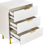 Open drawers with ribbed front design of the Hjelle K chest of drawers in white with gold-coloured handles by hjh LIVING