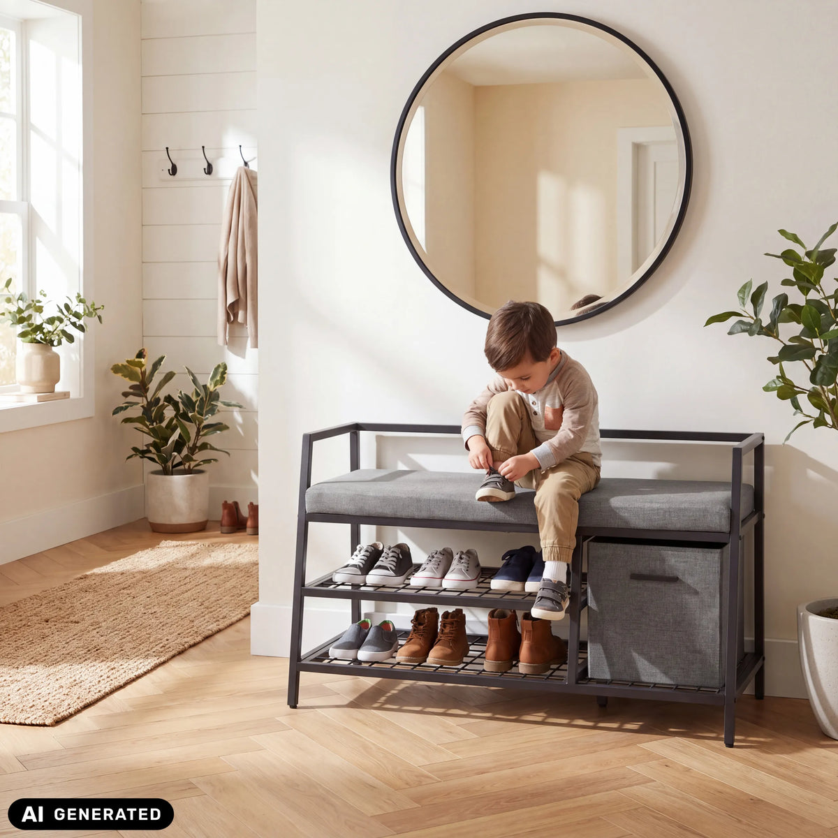 Estha Loft shoe cabinet in black and grey with seat cushion, two storage levels and a fabric basket by hjh LIVING