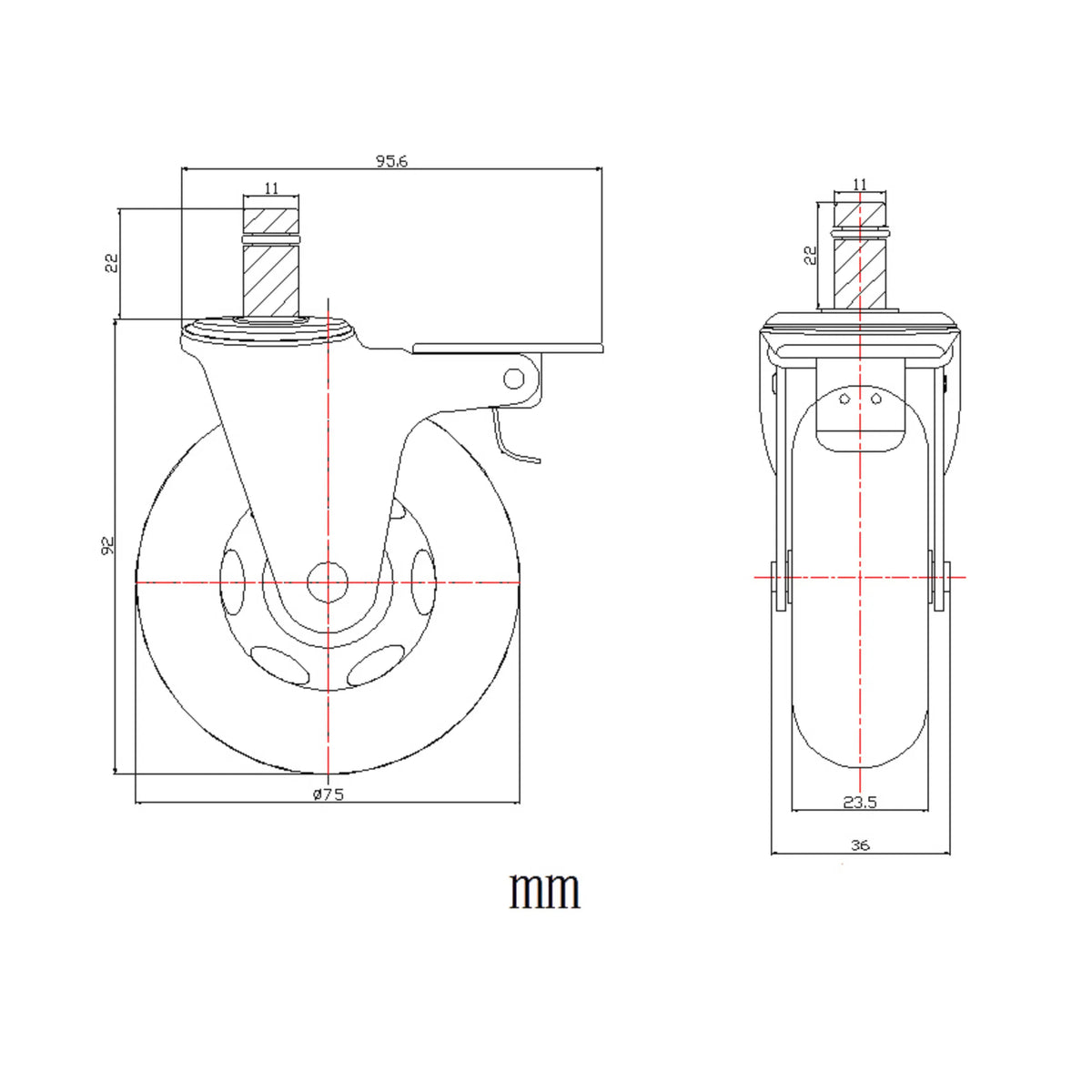 Technical drawing of a 75 mm diameter castor 5x ROLO SKATE CT 11mm/75mm by hjh OFFICE