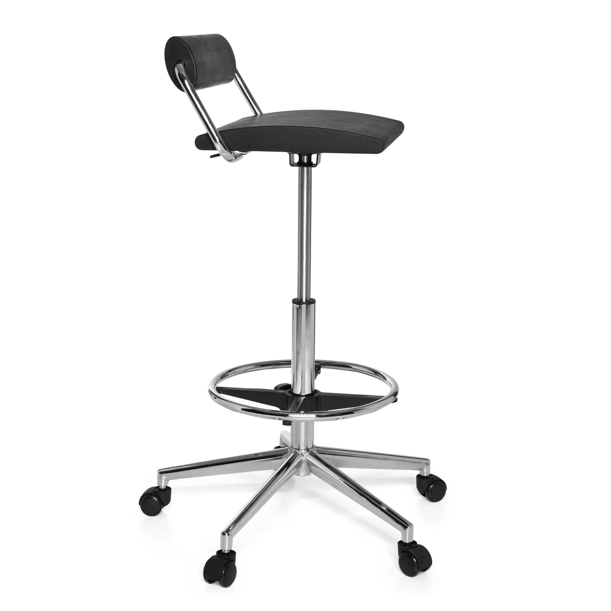 Black Swivel stool TOP WORK 28 with foot ring and five-caster base by hjh OFFICE – 360-degree view (side profile 80°)