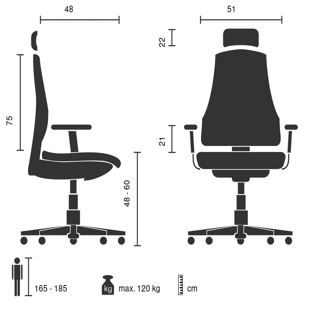 Technical drawing of the Home Office Executive Chair Relax Legoro with a maximum load capacity of 120 kg by MyBuero