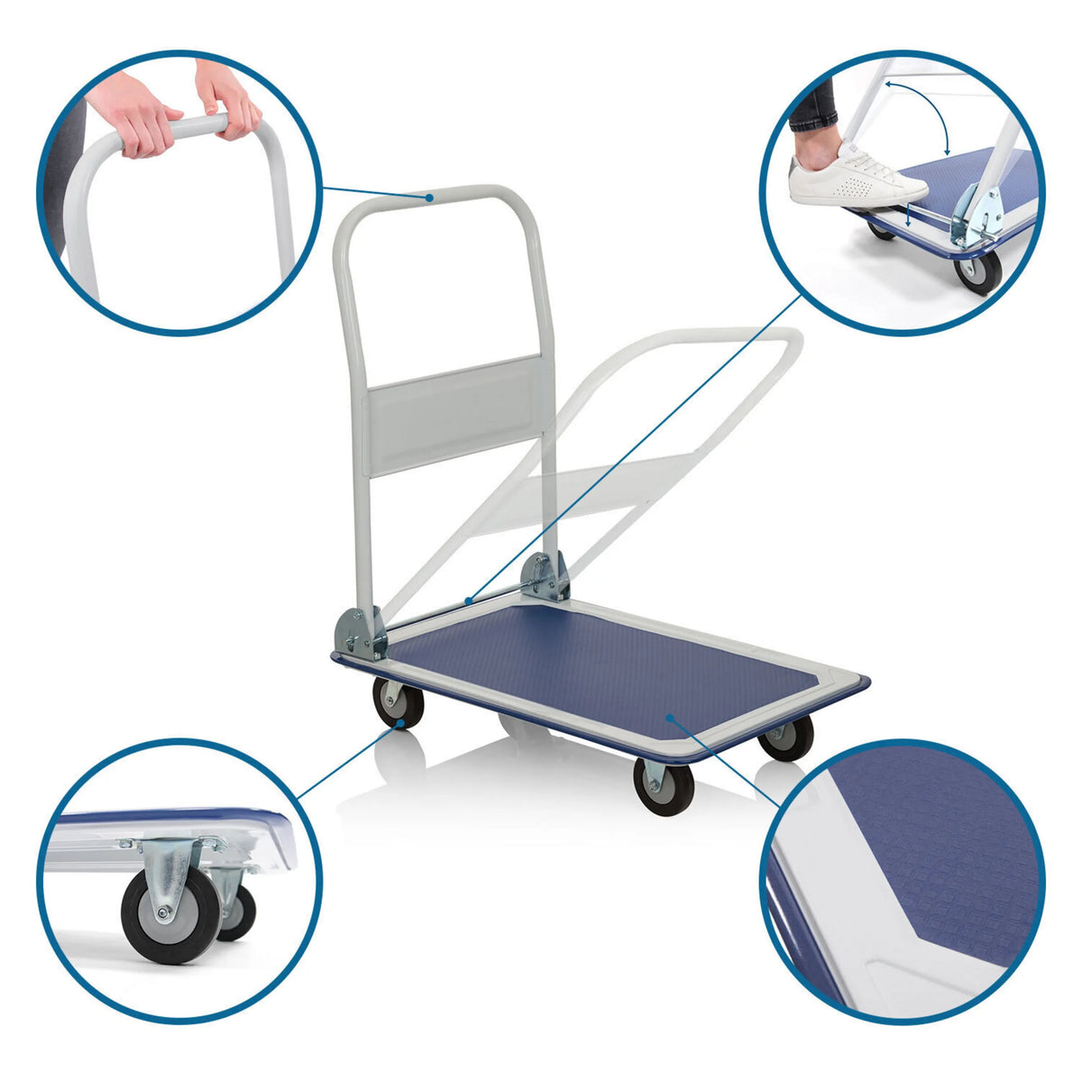 Blue and white platform trolley CARRY with detail views of handle, castors and loading area by hjh OFFICE
