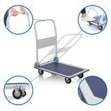 Blue and white platform trolley CARRY with detail views of handle, castors and loading area by hjh OFFICE