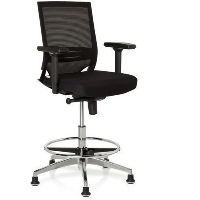Schwarzer Counterstuhl TOP WORK 77 mit Netzrückenlehne, Fußring und glänzendem Metallgestell von hjh OFFICE