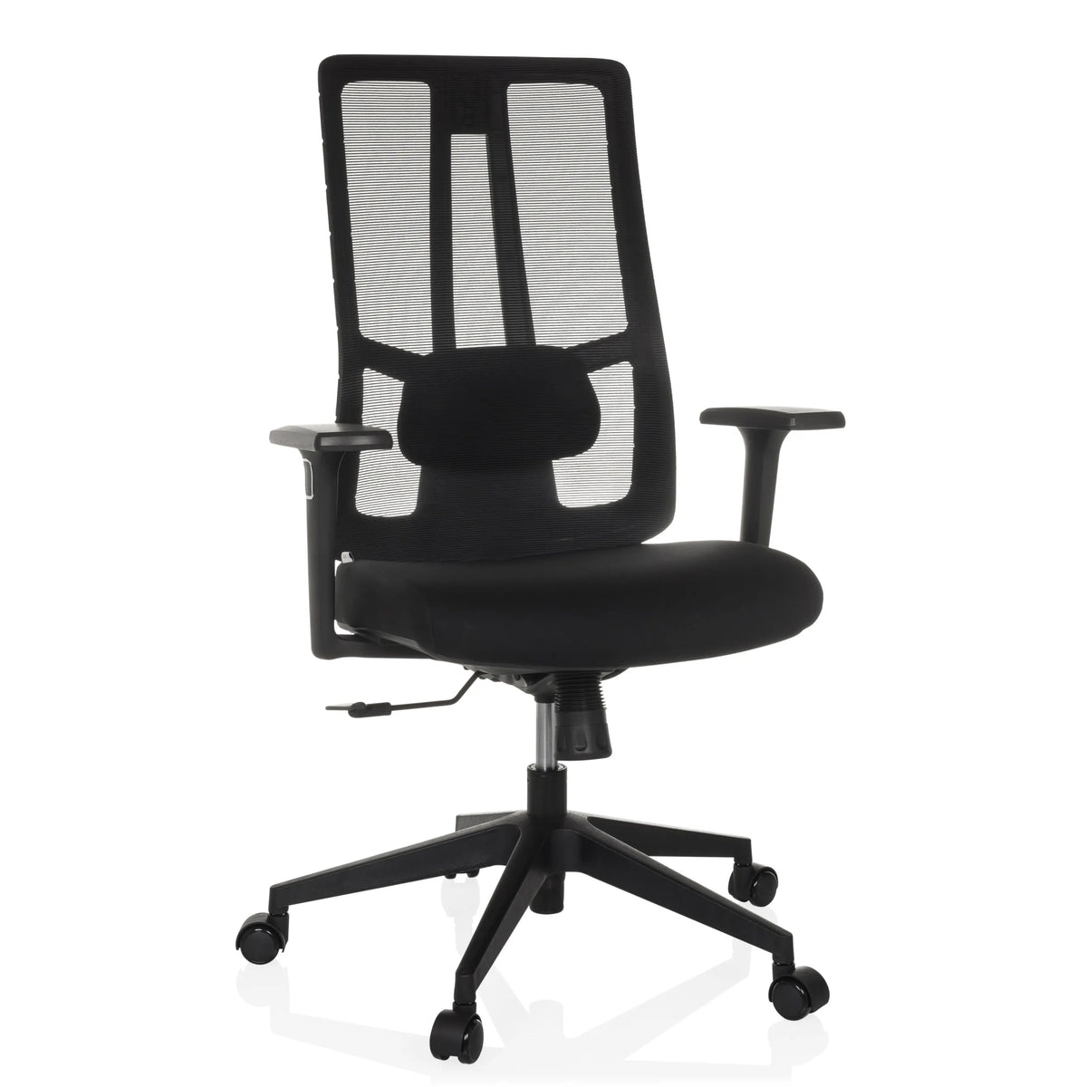 Black Professional Office Chair TRAMORE BASE with mesh back and five-caster base by hjh OFFICE – 360-degree view (front view 15°)