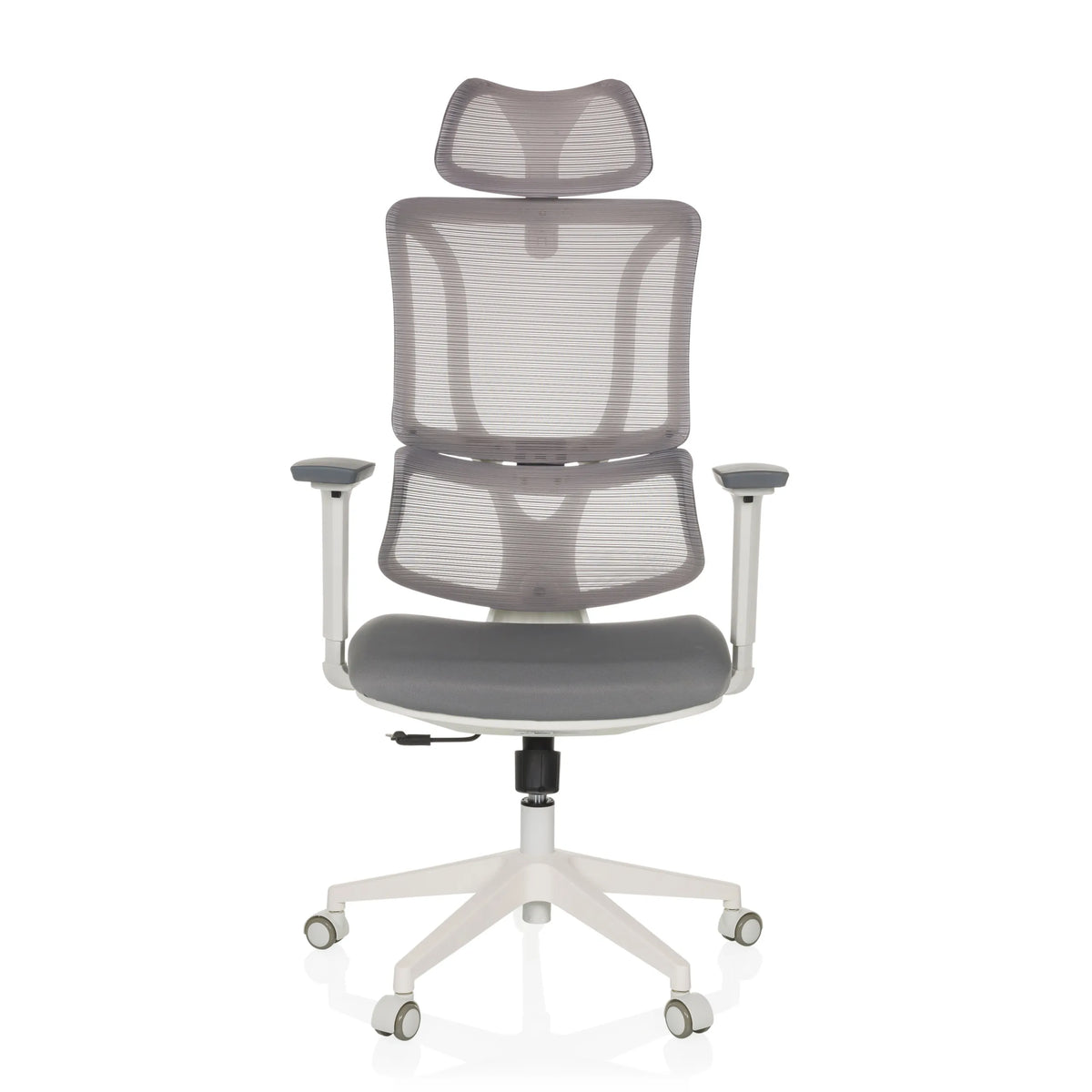 Grey Professional Office Chair ERGOMY W with mesh back and white five-caster base by MyBuero – 360-degree view (front view 0°)