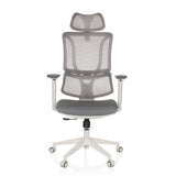 Grey Professional Office Chair ERGOMY W with mesh back and white five-caster base by MyBuero – 360-degree view (front view 0°)