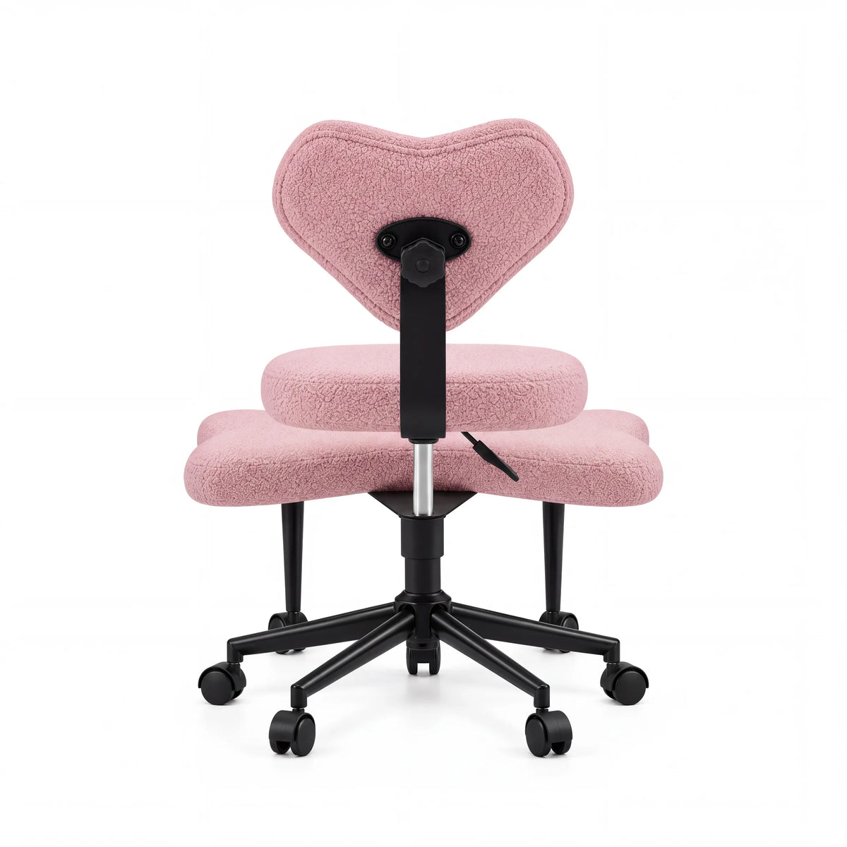 Rear view of the pink Asanasit meditation chair with a heart-shaped backrest and a black cross base by hjh LIVING