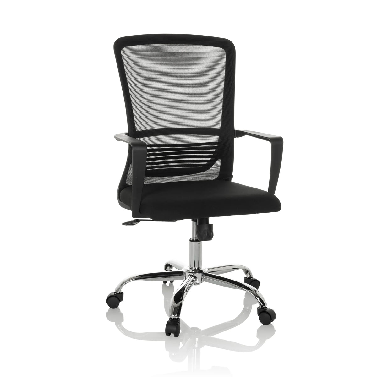 Black Home Office Chair STAR-TEC S with mesh back and five-caster base by hjh OFFICE – 360-degree view (front view 15°)