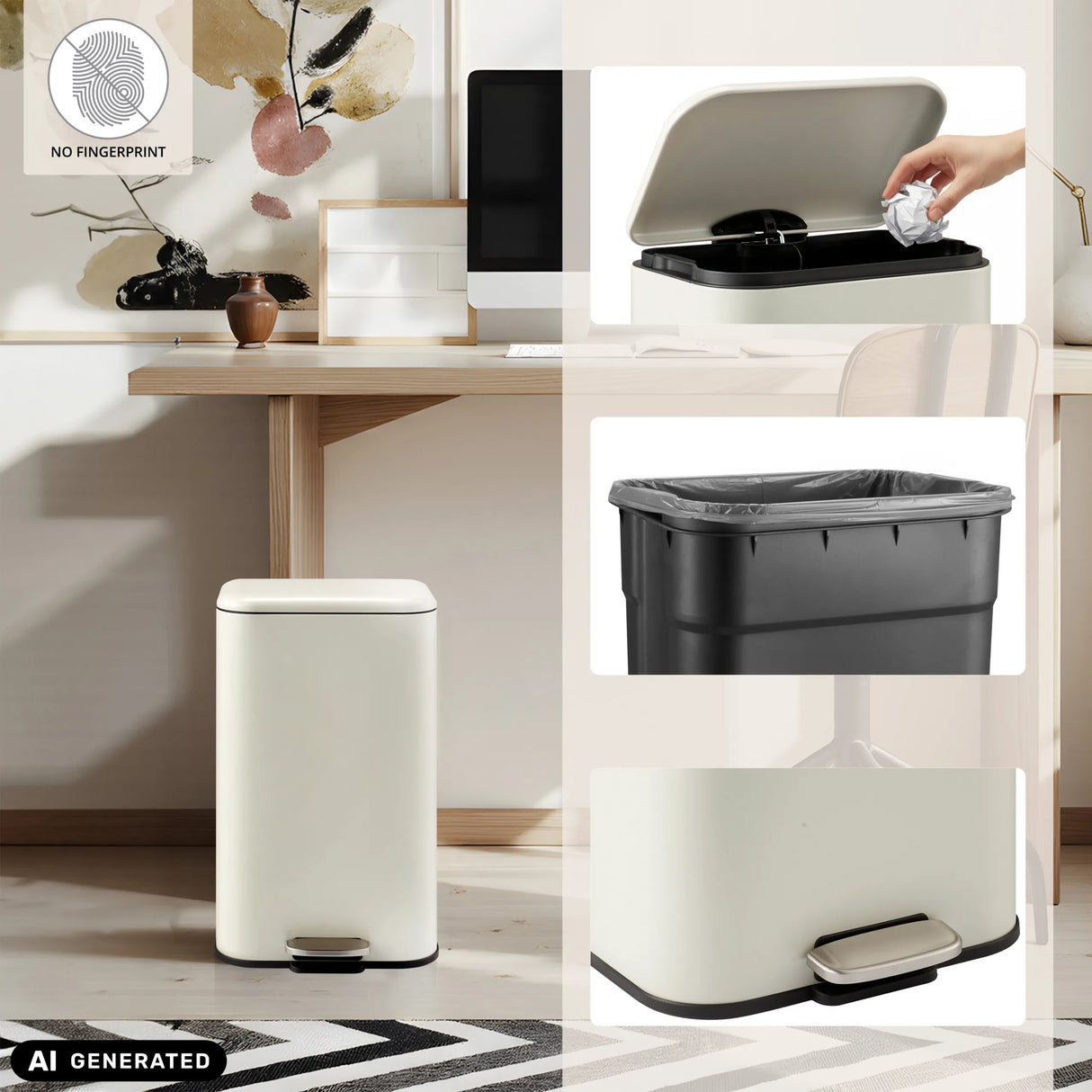 Beige Clean 1 wastepaper bin with pedal, inner bucket and open lid by hjh OFFICE (AI-generated image)