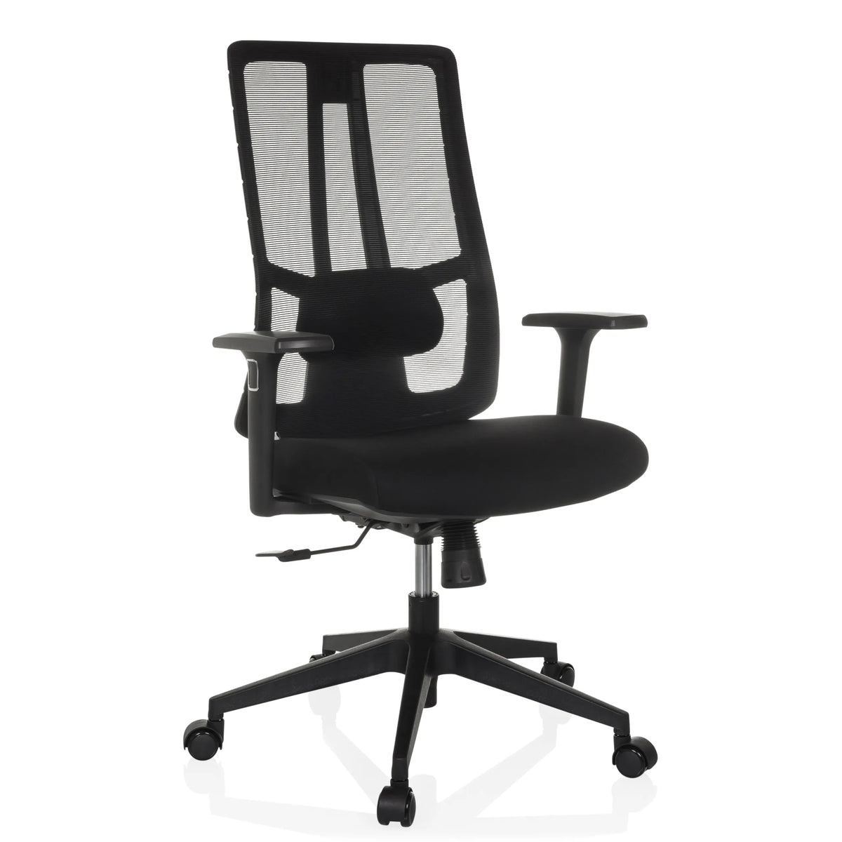 Black Professional Office Chair TRAMORE BASE with mesh back and five-caster base by hjh OFFICE – 360-degree view (front three-quarter view 30°)
