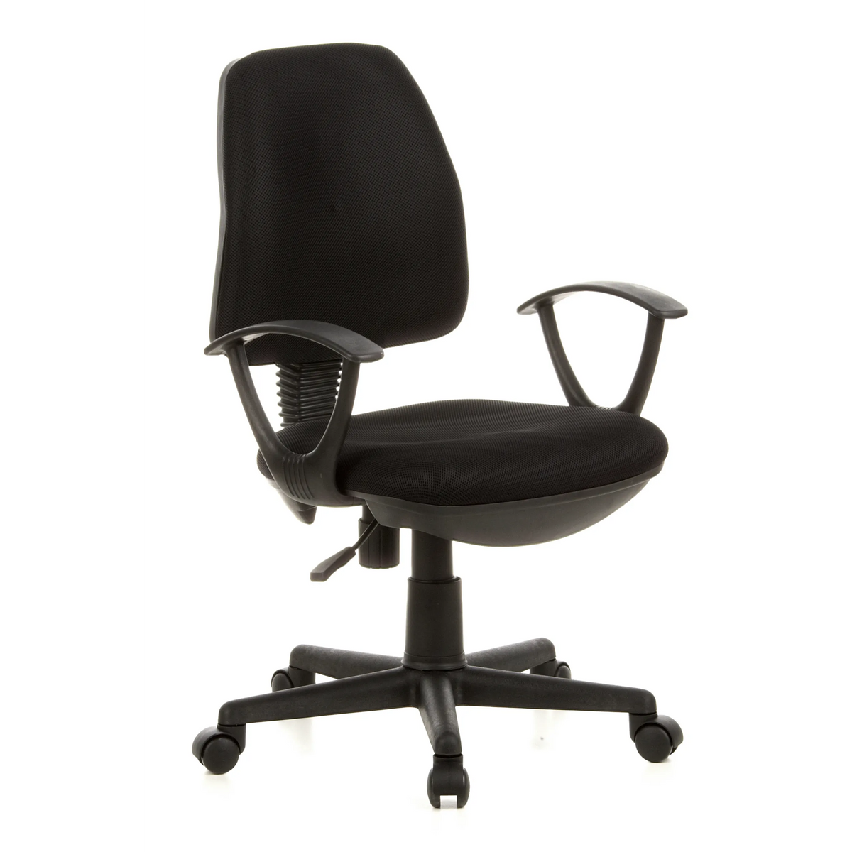 Black Home Office Chair CITY 10 with mesh back, armrests and five-caster base by hjh OFFICE – 360-degree view (front three-quarter view 40°)