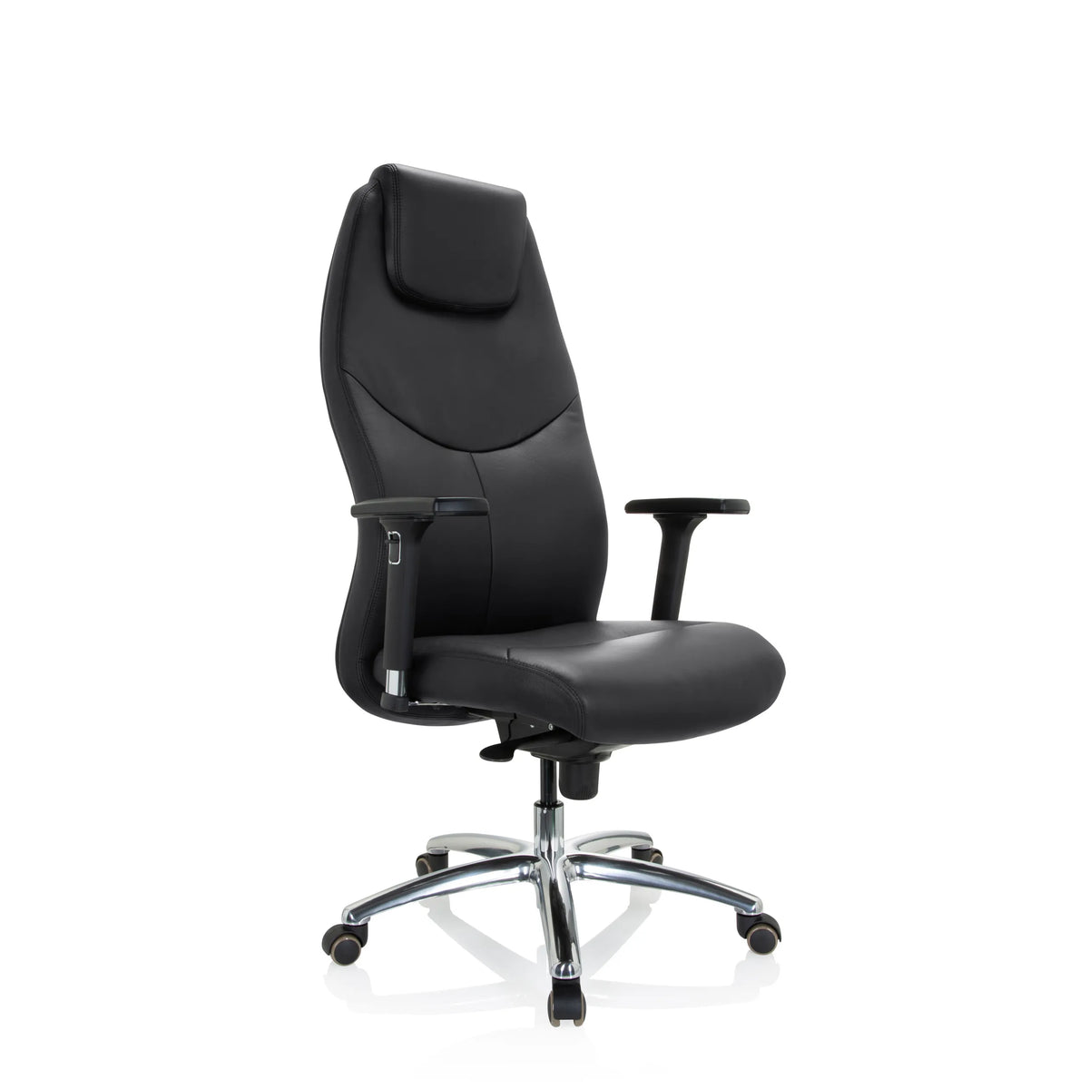 Black Professional Executive Chair FERRARA with integrated headrest and five-caster base by hjh OFFICE – 360-degree view (front three-quarter view 40°)