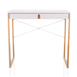 White Office Desk TAROLO II with one drawer, brown leather handle and wooden legs by hjh LIVING – 360-degree view (front view 0°)