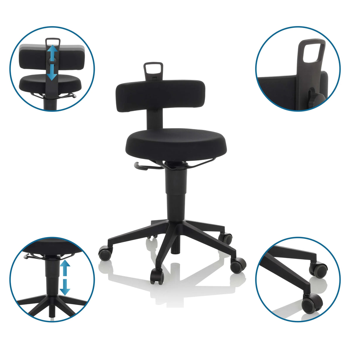Black Swivel stool TOP WORK FLEX with height-adjustable seat, backrest and castors by hjh OFFICE
