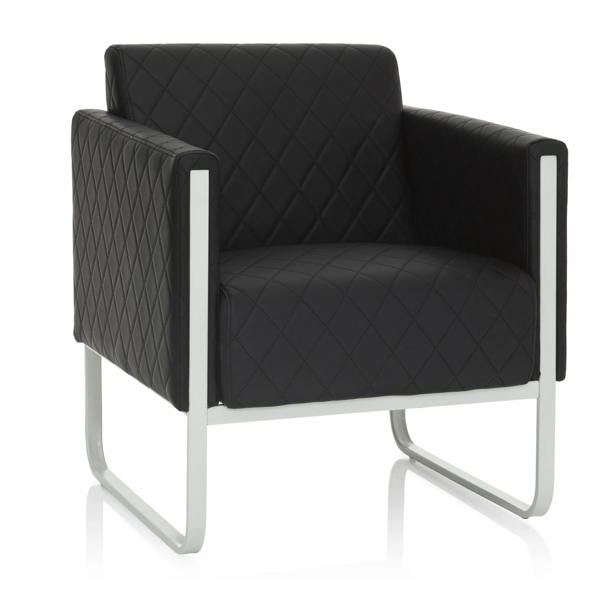 Black upholstered armchair ARUBA STEP with diamond stitching and silver-coloured frame by hjh OFFICE – 360-degree view (front view 20°)