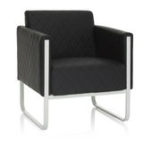 Black upholstered armchair ARUBA STEP with diamond stitching and silver-coloured frame by hjh OFFICE – 360-degree view (front view 20°)