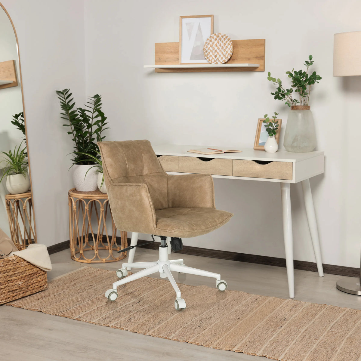 Beige Home Office Chair SOLAO LIFE W with white base and castors by hjh LIVING
