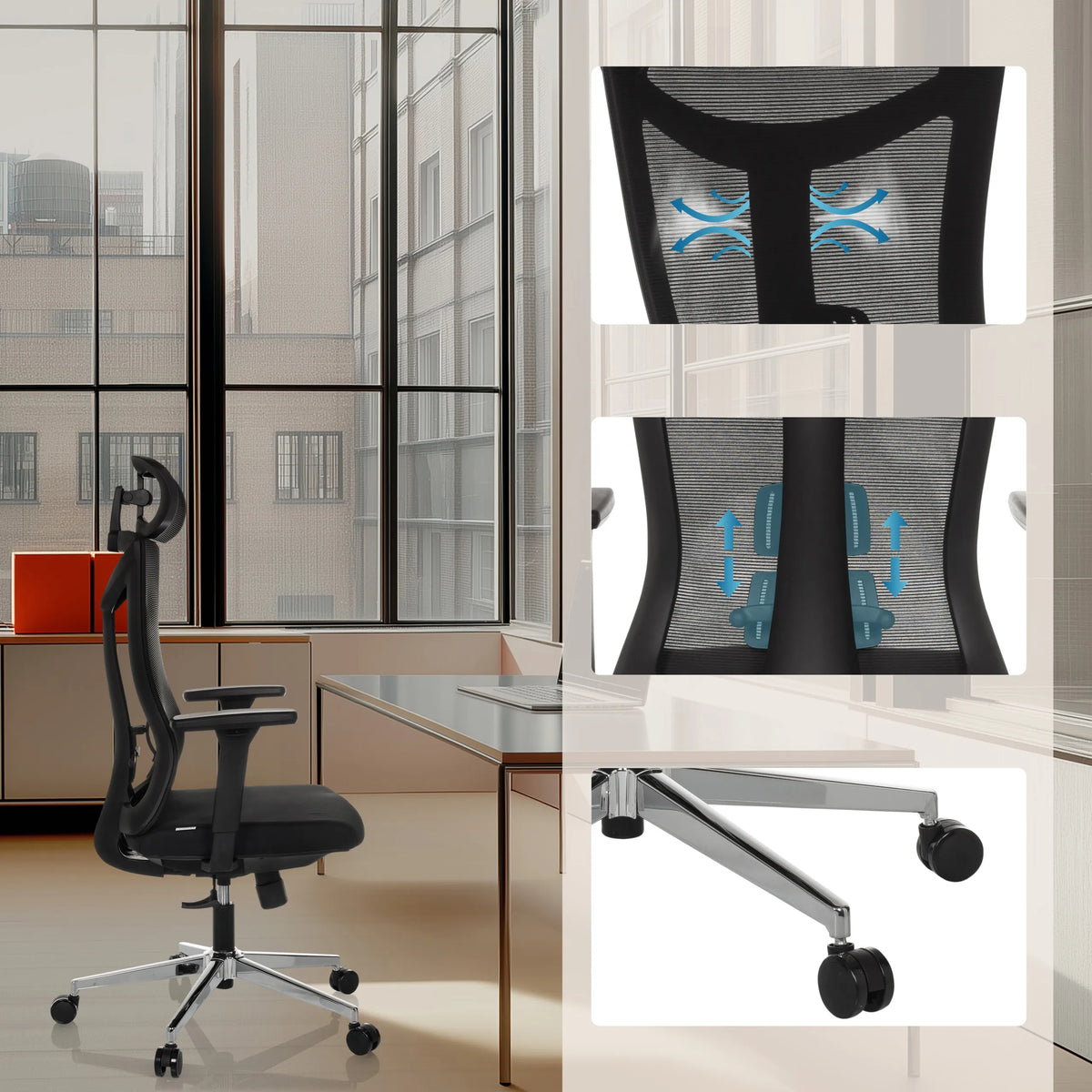 Professional Office Chair KAMIAK in black with mesh back, lumbar support and polished base with castors by hjh OFFICE