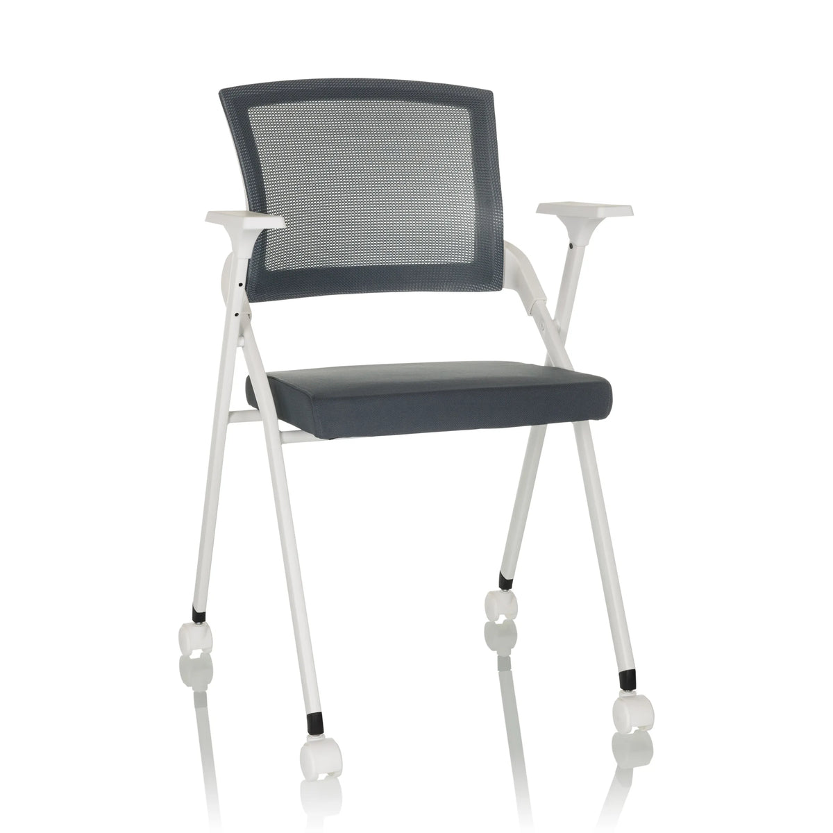 Grey Folding chair PRIORITY II W with mesh back, armrests and castors by hjh OFFICE – 360-degree view (front view 15°)