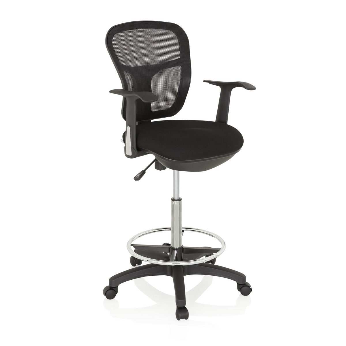 Black Counter chair TOP WORK 108 with mesh back, foot ring and five-caster base by hjh OFFICE – 360-degree view (front three-quarter view 40°)