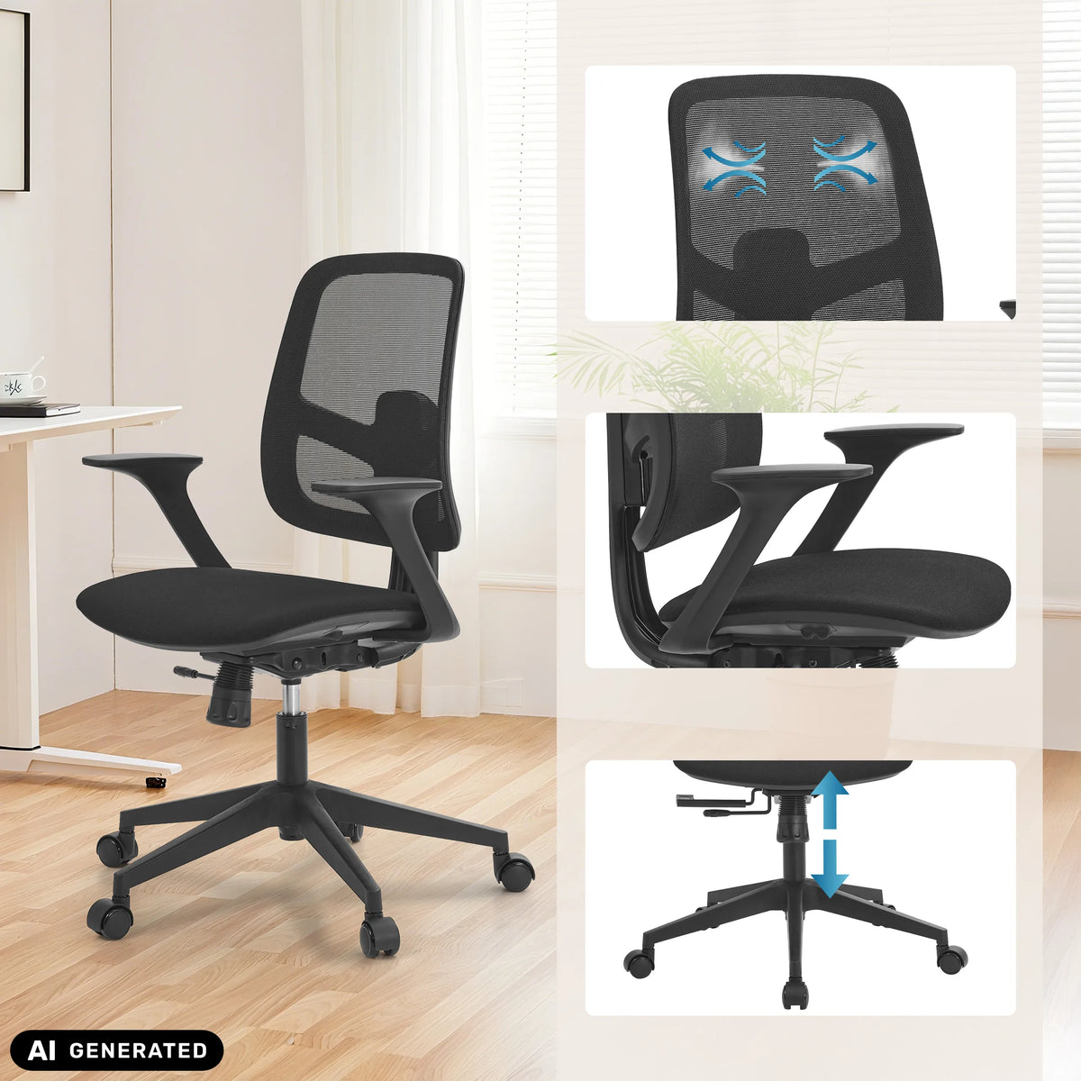Home Office Chair Malio in black with mesh back and height-adjustable base by hjh OFFICE (AI-generated image)