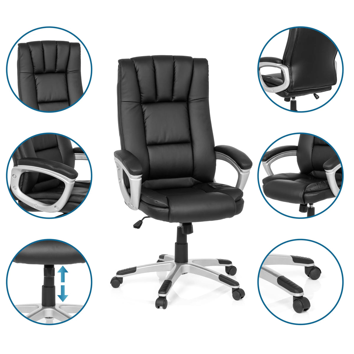 Black Home Office Chair RELAX CL150 with detailed views of the backrest, armrests and gas spring by MyBuero