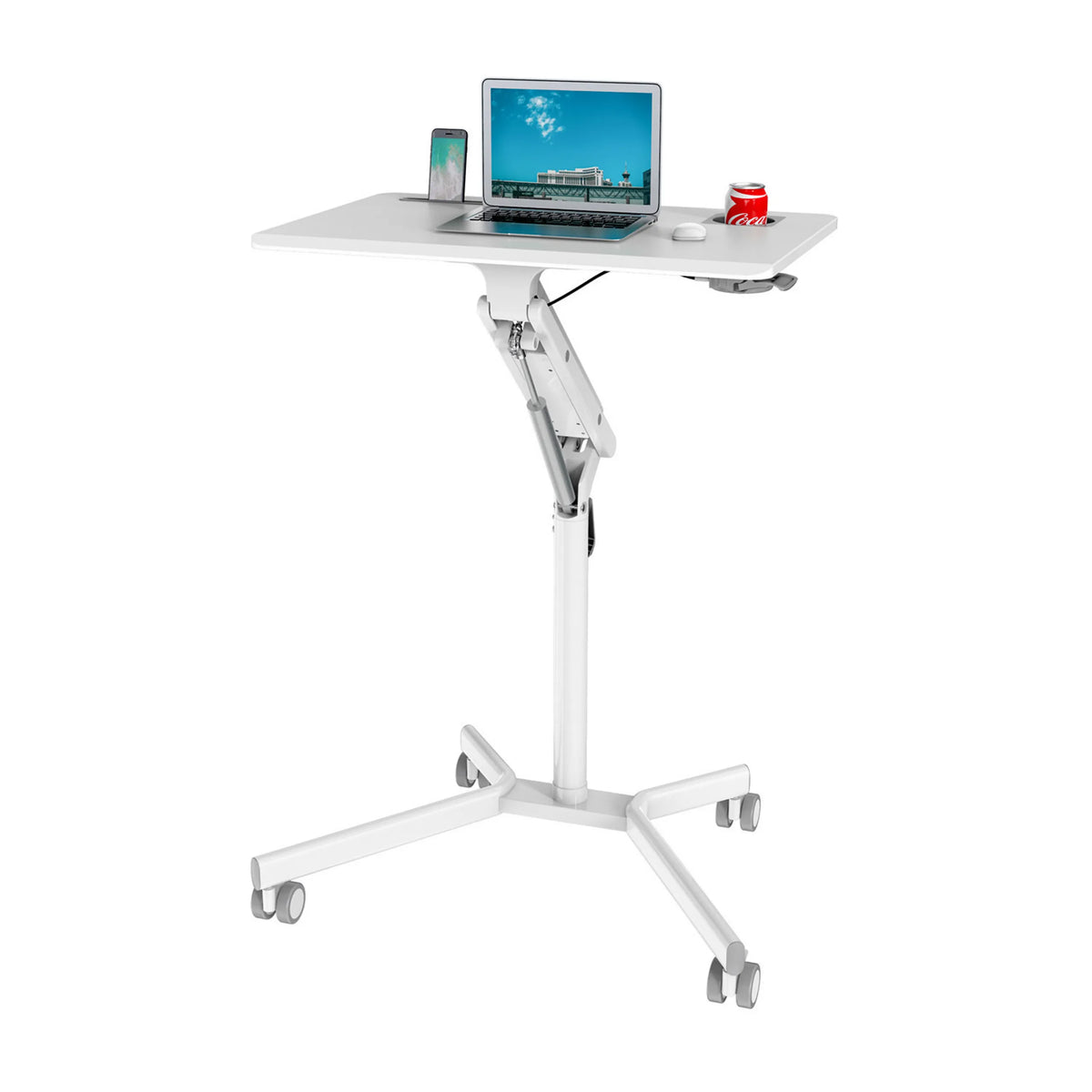 White standing desk STAND VM-SU I with height-adjustable frame and four castors by hjh OFFICE