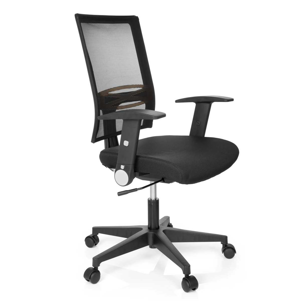 Black Home Office Chair OFFICE R8 with mesh back and five-caster base by hjh OFFICE – 360-degree view (front three-quarter view 60°)