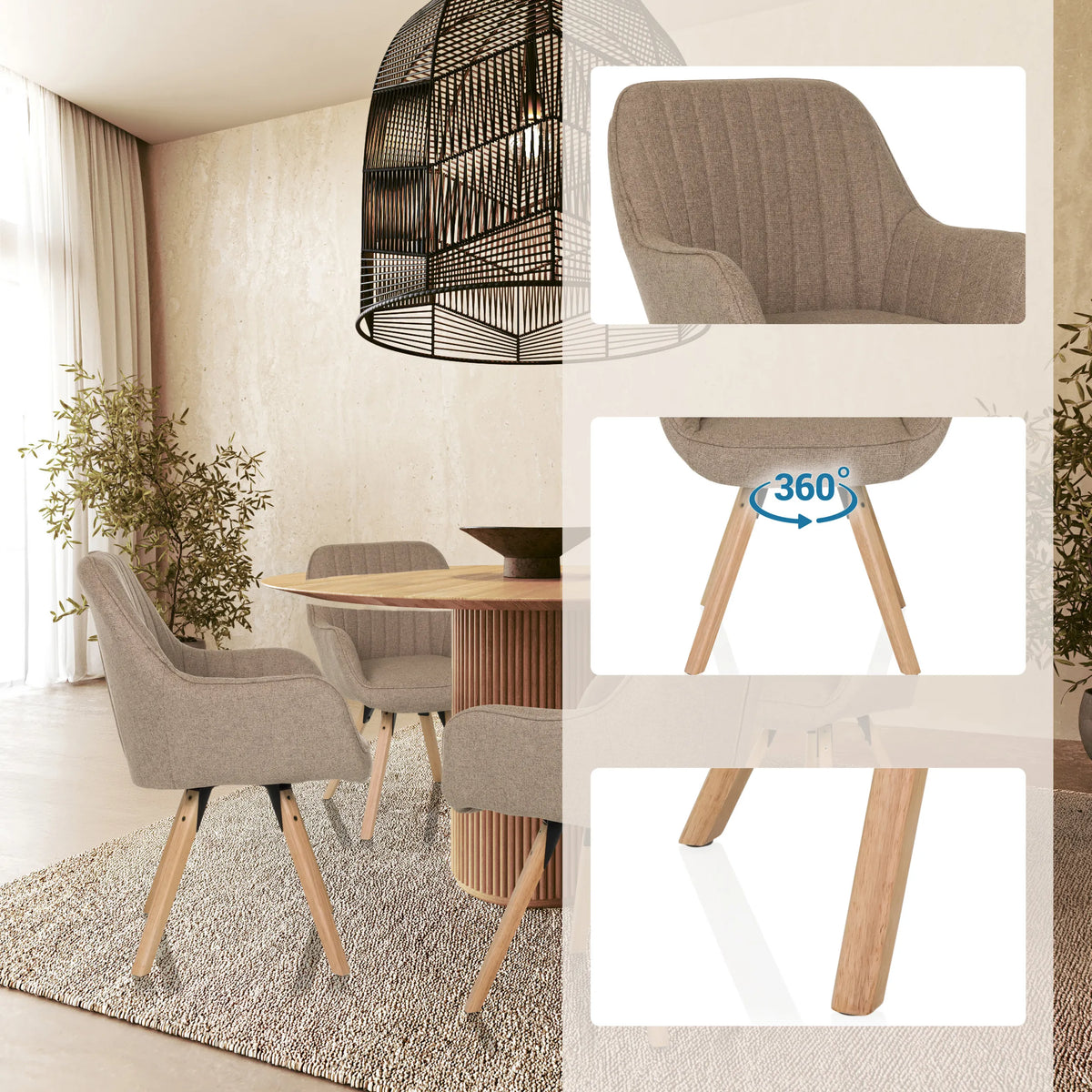 Beige upholstered chair SCANDI SOFT with 360-degree swivel function and wooden legs by hjh LIVING