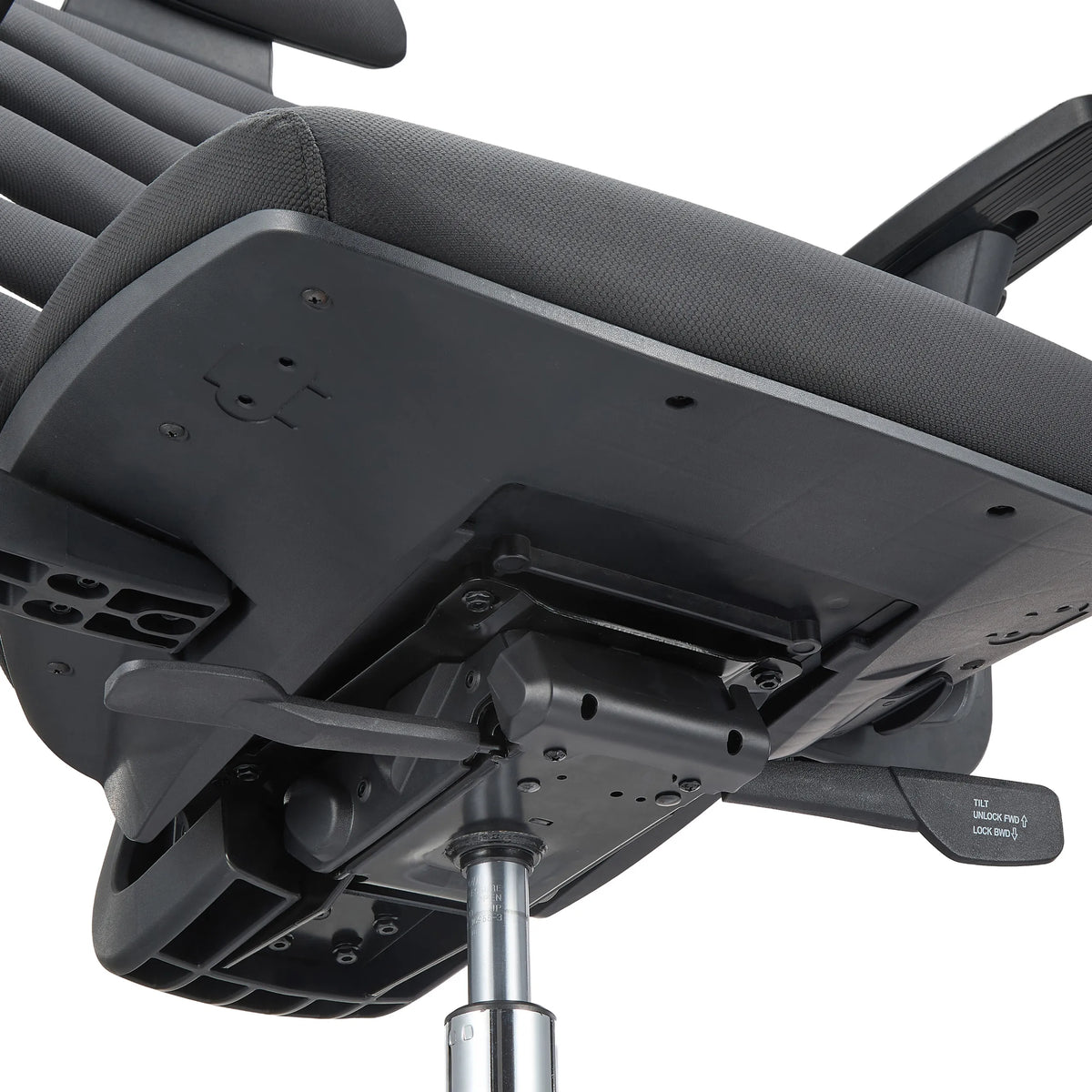 Underside of the seat with adjustment levers of the ERGO LINE II PRO Professional Office Chair in black by hjh OFFICE