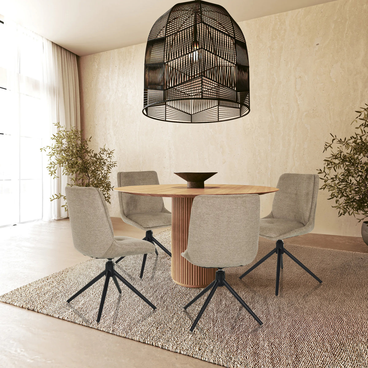 Four beige TARVISO I upholstered chairs with black star bases at a round wooden table by hjh LIVING
