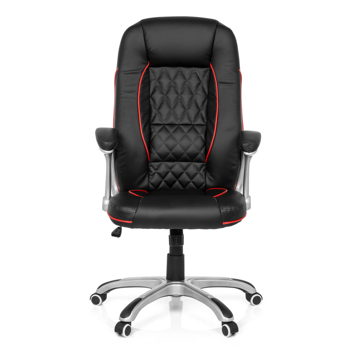 Black Gaming chair RELAX AB100 with red decorative stitching, quilting and five-caster base by MyBuero – 360-degree view (front view 0°)