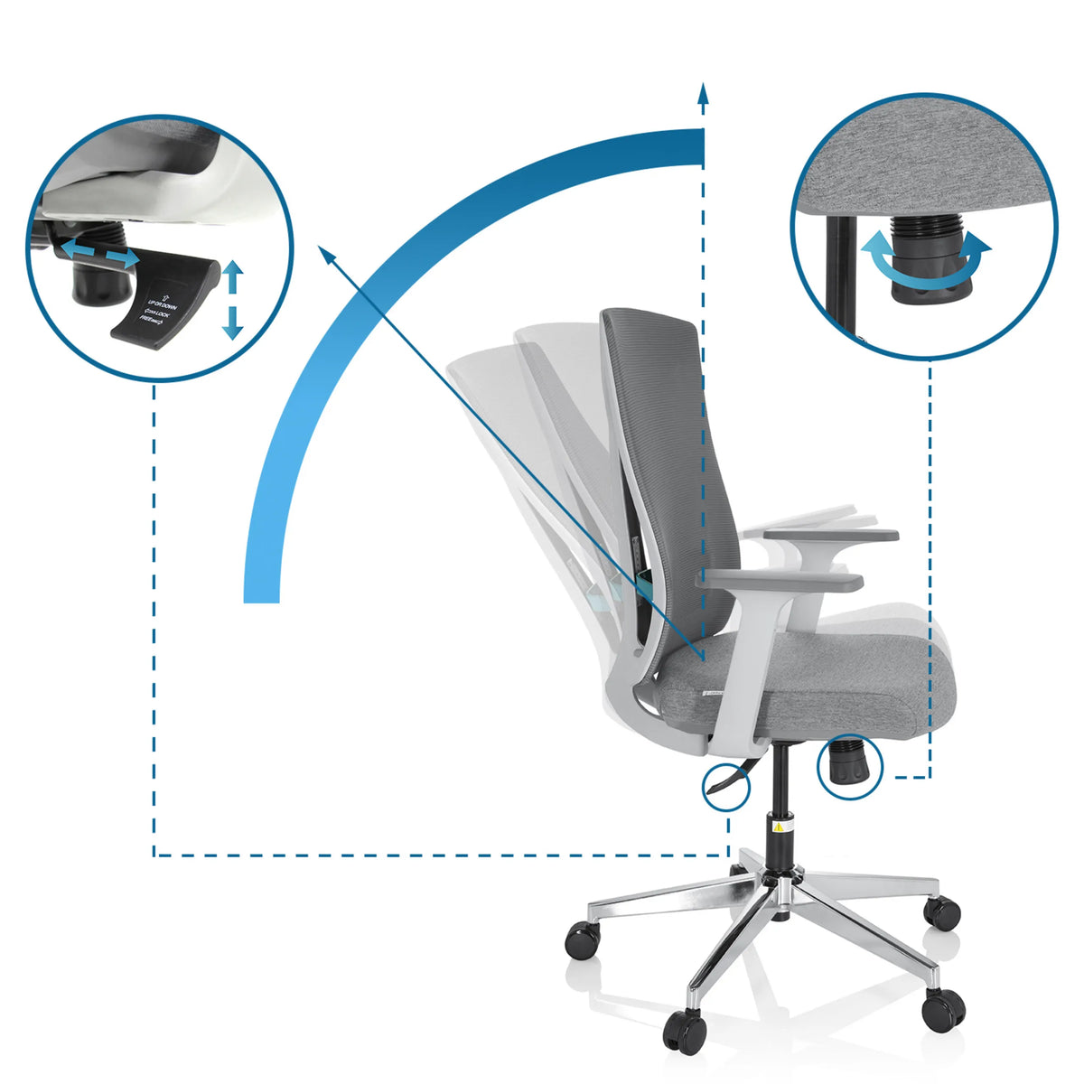 Adjustable backrest and seat height of the Professional Office Chair HALIFAX in grey by hjh OFFICE
