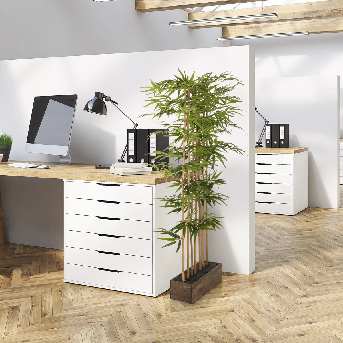 Green Artificial plant BAMBUS I in a dark wooden pot for the office by hjh OFFICE