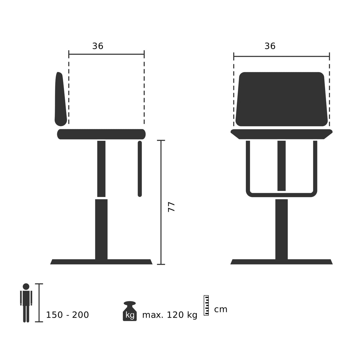 Technical drawing of the Bar stool LONSO 10 with a height of 77 cm by hjh OFFICE
