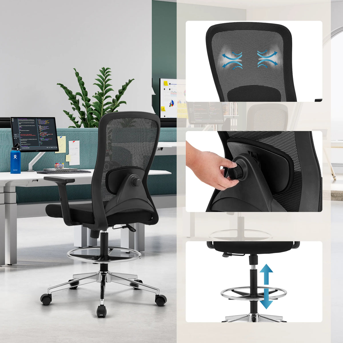 Work Chair Top Work 44 in black with breathable mesh backrest and height-adjustable foot ring by hjh OFFICE
