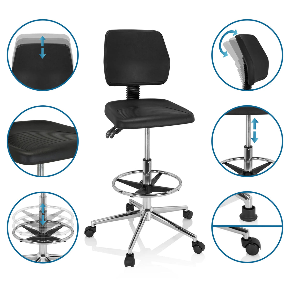 Adjustable features of the TOP WORK 11 I counter chair in black with footring and castors by hjh OFFICE