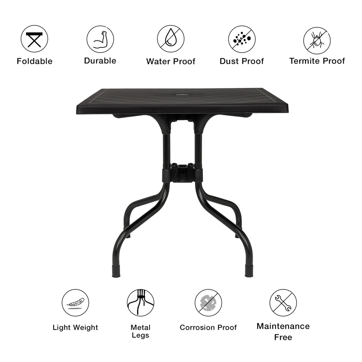 Black TRAVANO T1 folding table with metal legs and symbols for material properties and functions by hjh LIVING