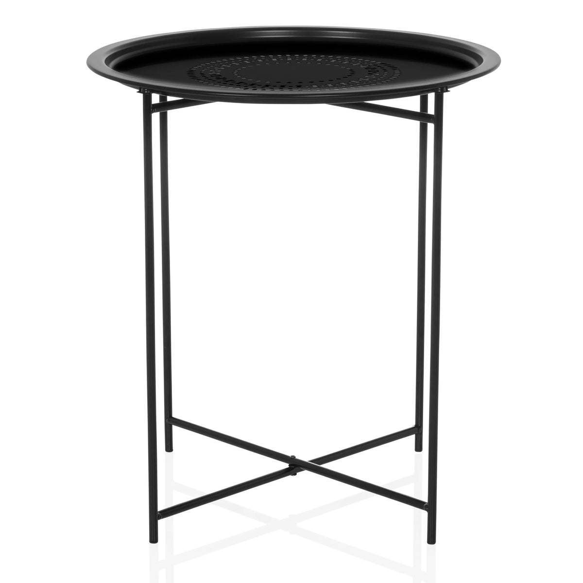 Black metal side table ALLRUND with round perforated top and cross base by hjh LIVING – 360-degree view (front view 0°)
