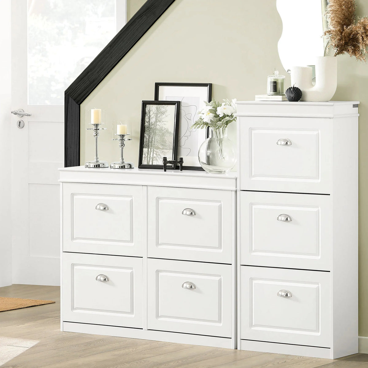 White Shoe Cabinet ESTHA 4 with six drawers and silver handles by hjh LIVING
