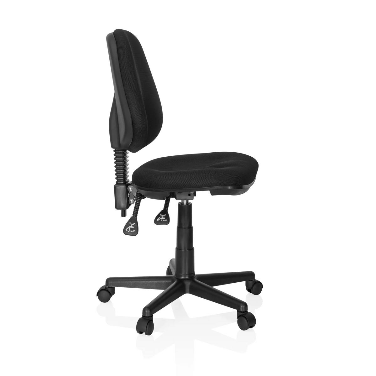 Black Home Office Chair CITY 25 with mesh back and five-caster base by hjh OFFICE – 360-degree view (side profile 80°)