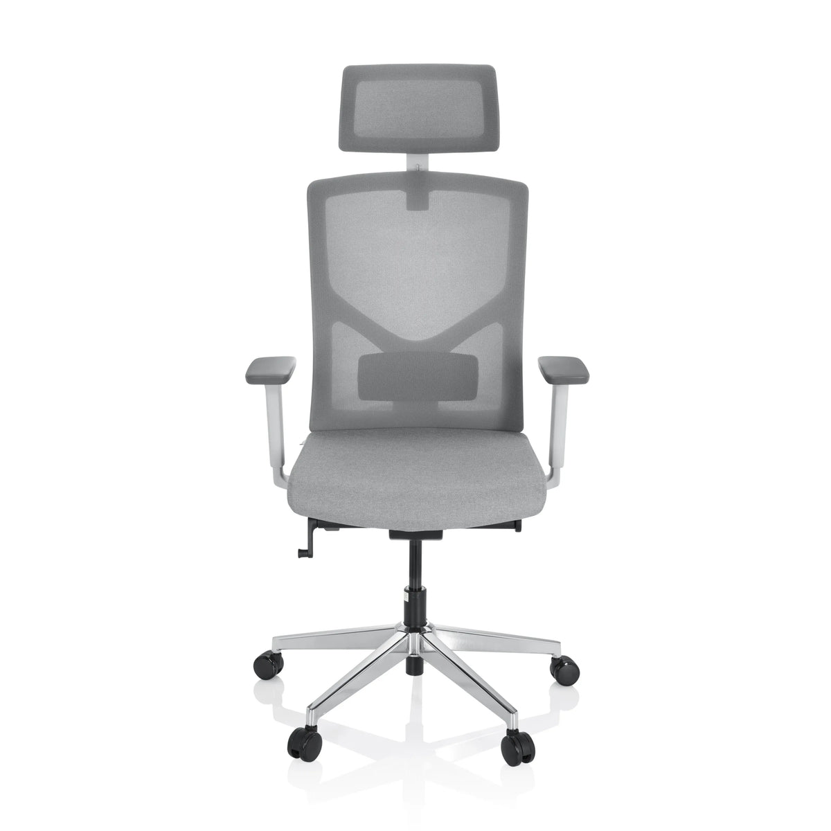 Grey Professional Office Chair BRETON PRO W with mesh back, headrest and five-caster base by hjh OFFICE – 360-degree view (front view 0°)